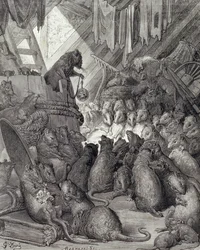 Rådet som hålls av råttorna, från fablerna i La Fontaine, graverade av Antoine Valerie Bertrand (f.1823) c.1868 (gravyr)
