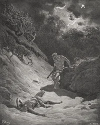 Abels död, 1 Mosebok 4:6-13, illustration från Dores "The Holy Bible", graverad av Pisan