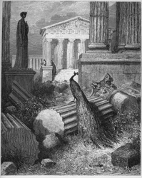 Påfågeln klagar hos Juno - ur ”Fabler” av Jean de La Fontaine (Lafontaine) (1621-95) - gravyr efter Gustave Doré (1832-83) - privatsamling