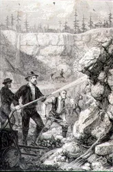 Guldprospektering i Kalifornien på 1860-talet, graverad av Felix Jean Gauchard (1825-72) (gravyr)