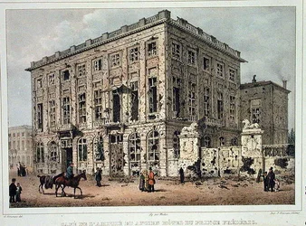 Cafe Amitie och Old Hotel du Prince Frederic, Bryssel, efter striderna 23-26 september 1830, graverade av Jean Baptiste Madou (1796-1877) (färgad gravyr)