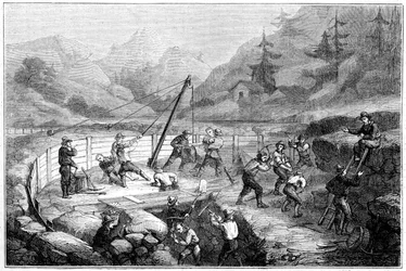 Utgrävning och tvättning av sand på botten av en flod, Kalifornien, 1800-talet.