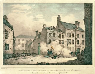 Strid i Rue de Louvain, Bryssel, bakom Etats Generaux, 23-24 september 1830, graverad av Jean Baptiste Madou (1796-1877)