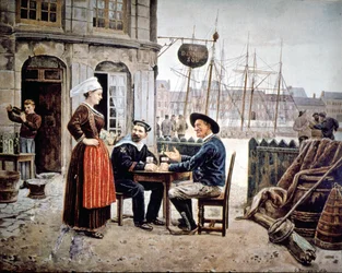 2 män (en sjöman och en bretonsk fiskare) på en bar som pratar med en bretonsk servitris, Saint-Malo