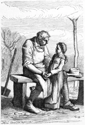 Cosette et Jean Valjean - i "" Les Miserables"" av Victor Hugo, ill. av Brion, red. Hetzel och Lacroix