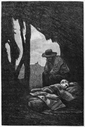 Jean Valjean vakar över den sovande Cosette, illustration ur 
