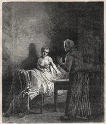 Marguerite går in i Fantines rum och Fantine visar honom två Napoleoner (mynt) som kan rädda Cosette, hans dotter - Illustration av Gustave Brion (1824-1877) för "The Miserables - First part: Fantine" av Victor Hugo (1802-1885) 1862