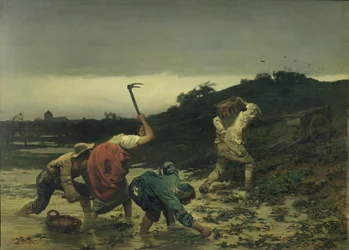 Bönder som skördar potatis under floden i Rhen 1852