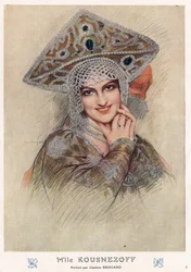Porträtt av Maria Nikolaievna Kuznetsova (Maria Kuznetsova) (1880-1966), berömd 1900-talsryska imperiet och sovjetisk operasångerska och dansare i "Fantasio" tidigt 1900-tal (teckning)