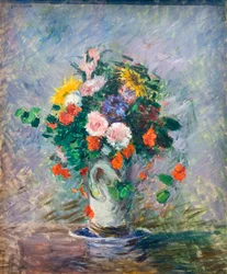 Bukett av kinesiska astrar, nasturtiums och solrosor i en vas, ca. 1887 (olja på duk)