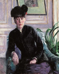 Porträtt av en ung kvinna i en interiör (Portrait de Mme H), ca 1877 (olja på duk)