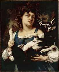En lanttjej med ett barn Målning av Gustave Courbet