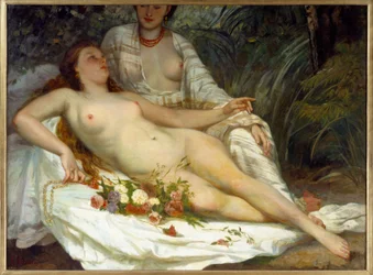 Badgäster säger två nakna kvinnor. Målning av Gustave Courbet (1819-1877)