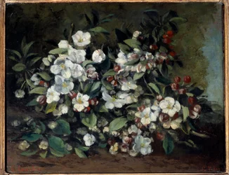 Körsbärsblommor eller äppelgrenar i blom. Målning av Gustave Courbet (1819-1877)