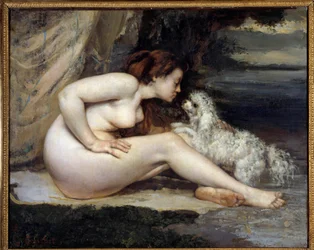 Naken kvinna med hund. Porträtt av Léontine Renaude. Målning av Gustave Courbet (1819-1877)