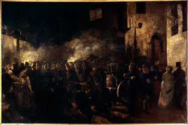 Brandmän driver en brand Målning av Gustave Courbet (1819-1877) 1850 Sön. 3,88x5,8 m Paris, Musee du petit palais
