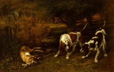 Jakthundar med död hare, 1857