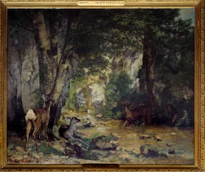 Leveransen av rådjur till strömmen av Plaisir Fontaine Målning av Gustave Courbet (1819-1877) 1866 Sön. 1,74x2,09m.