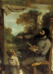 Målarens verkstad. Allegorie Reelle bestämmer en sjuårig fas av mitt konstnärliga liv (och moraliska) Detalj som skildrar målaren som beundras av ett barn som symboliserar ungdomens oskuld. Målning av Gustave Courbet (1819-1877)