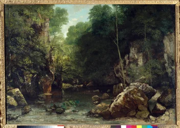 Den täckta bäcken, känd som ingången till Vallée du Puits-Noir, Doubs: skymningseffekt, 1865. 0.94 x 1.35 m, Paris, Musée d