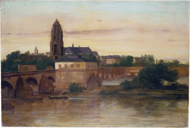 Utsikt över Frankfurt med Gamla bron från Sachsenhausen
