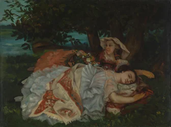 Unga damer på stranden av Seine, före 1857