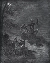 A Nocturnal Discourse - från "Don Quixote de la Mancha" av Miguel Cervantes (1547-1616) (Don Quijote) - Träsnitt efter teckning av Gustave Dore