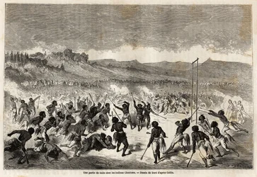 Ett bollspel bland Choctaws-indianerna, stammen i Mississippi-regionen, ritat av Gustave Dore (1832-1883), för att illustrera Mississippi-resan till Stilla havet 1853-54 av Baudouin Mollhausen (1825-1905). Gravyr i "" Le tour du monde, nouveau j