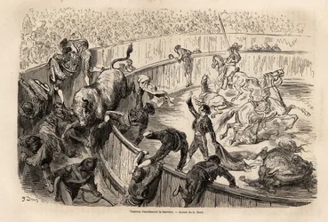 En tjur som korsar barriären, under en tjurfäktning i Valencia, teckning av Gustave Dore (1832-1883), för att illustrera hans resa till Spanien, med C. Davillier, 1862. Gravyr i "" Le tour du monde "", redigerad av Edouard Charton
