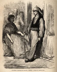 En chokladhandlare i det fria, skiss på det livliga taget i Madrid. Gravyr av Gustave Dore (1832-1883) för att illustrera hans resa till Spanien, med Ch. Davillier (redaktör), 1862, publicerad i "" Le tour du monde""" 1869, redigerad av Edouard Charton, Ha
