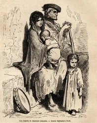 En familj av nomaddansare som vilar på Sevillas gator. Skiss tagen live av Gustave Dore (1832-1883). Gravyr för att illustrera resan i Spanien, 1862 av Charles Davillier och Gustave Dore, i "Le tour du monde, nouveau journal des voyag