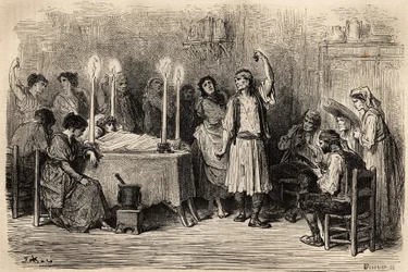 En begravningsdans, under bårhusets dag i Jijonas (provinsen Alicante). Skiss tagen live av Gustave Dore (1832-1883). Gravyr för att illustrera resan i Spanien, 1862 av Charles Davillier och Gustave Dore, i "Le tour du monde, nouveau jour