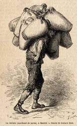 En burkhandlare, skiss på det livliga taget i Madrid. Gravyr av Gustave Dore (1832-1883) för att illustrera hans resa till Spanien, med Ch. Davillier (redaktör), 1862, publicerad i "" Le tour du monde""" 1869, redigerad av Edouard Charton, Hachette-upplaga