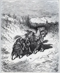 En plöjare för Don Quijote och Rossinante tillbaka till byn - från "Don Quixote de la Mancha"" av Miguel Cervantes