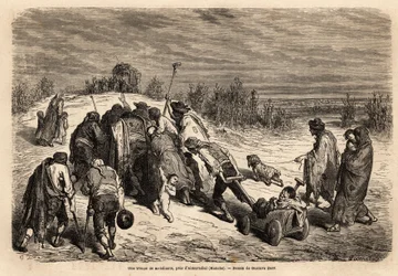 En trupp av tiggare och handikappade, en veritabel domstol av mirakel, är på väg mot en flit för att be om almon i närheten av Almuradiel (Manchaprovinsen). Teckning av Gustave Dore (1832-1883). Gravyr för att illustrera resan i Spanien, 1862 av Charles