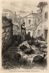 En kalkonskötare, på gatorna i en by på landsbygden i Salamanca. Teckning av Gustave Dore (1832-1883). Gravyr för att illustrera resan i Spanien, av Charles Davillier, 1862, publicerad i "" Le tour du monde""" 1872, redigerad av Edouard Chart