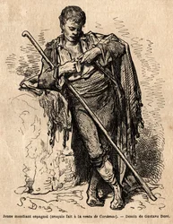 En ung tiggare, a la vente de Cardenas, ett värdshus på vägen till Almaden (provinsen av kanalen). Skiss tagen live av Gustave Dore (1832-1883). Gravyr för att illustrera resan i Spanien, 1862 av Charles Davillier och Gustave Dore, i "Le tour d