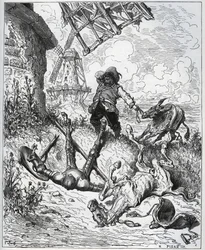 Efter attacken ger väderkvarnarna - "" Misericorde! "" Sancho - från "" Don Quixote de la Mancha"" av Miguel Cervantes (1547-1616) (Don Quijote) - Träsnitt efter teckning av Gustave Dore