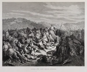 Ahab kämpar mot assyrierna i slaget vid Qarqar , Illustration från Dore-bibeln