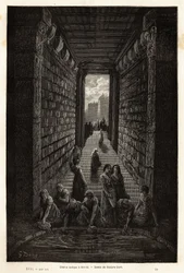 En antik cistern, fortfarande i bruk, i Merida. Gravyr för att illustrera resan till Spanien av Gustave Dore (1832-1883) illustratör och baron Ch. Davillier reaktor, 1862, publicerad i "Le tour du monde, nouveau journal des voyages", under ledning av