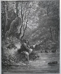 Dorothees utseende i bondekläder - från "" Don Quixote de la Mancha"" av Miguel Cervantes (1547-1616) (Don Quijote) - Träsnitt efter teckning av Gustave Dore