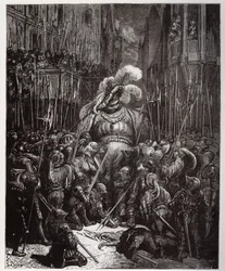 I början av ljudet tackade han nådigt alla svetsare i hans legioner - illustration från "Gargantua och Pantagruel", av Francois Rabelais - gravyr av Gustave Dore (1832-1883)
