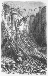 Att attackera ett slott eller en befäst stad, illustration från "Les Contes Drolatiques" av Honore de Balzac (1799-1850)