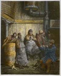 Barclay Perkins Brewery Workers tar en paus - från "London, a Pilgrimage", skriven av William Blanchard Jerrold (1826-94) - illustrationer av Gustave Dore - 1872 -