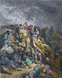 Slaget vid Arsuf - Rikard Lejonhjärta (1157-1199), kung av England, deltar i det tredje korståget - Rikard Lejonhjärta i slaget vid Arsuf (1191), tredje korståget, gravyr av Gustave Doré - ur Korsfararnas historia av Joseph-François Michaud