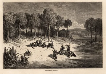 Battle of Oranges av Carcagente, teckning av Gustave Dore (1832-1883), för att illustrera hans resa till Spanien med C.Davillier, 1862. Gravyr i "" Le tour du monde", redigerad av Edouard Charton