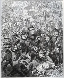 Strid mot mulmakare - Yangois använde sina klubbor - från "Don Quixote de la Mancha" av Miguel Cervantes (1547-1616) (Don Quijote) - Träsnitt efter teckning av Gustave Dore