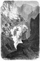 Björnjakt i Pyrenéerna: en man faller ner från berget. Gravyr av Gustave Dore som illustrerar boken "Journey to the Pyrenees" av Hippolyte Taine, Hachette 1860.