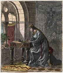 Bertrade av Montfort (1070-1117) Drottning av Frankrike (hustru till Filip I, kung av Frankrike) i Fontevrault - Gravyr av Gustave Dore från 1800-talet i "" National History Illustred of France from the Most Retreated Times to the Today" 1876 - Privata Col