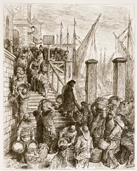 Billingsgate, Landing the Fish, från "London, a Pilgrimage", skriven av William Blanchard Jerrold (1826-94) och graverad av Hildibrand, pub. 1872